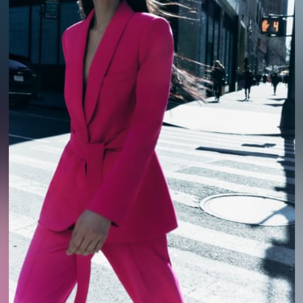 Zara Set Belted Tuxedo Collar Blazer & Long Flowy Pant Neon Fuchsia XXL
